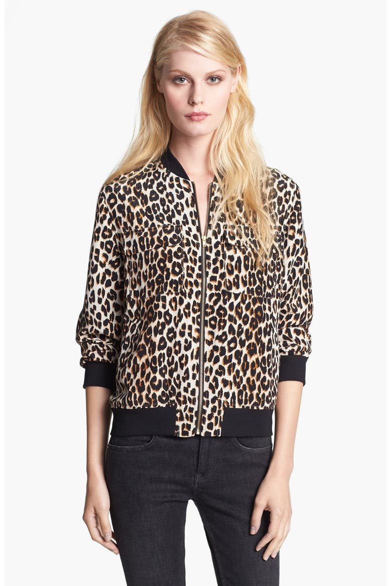 'Abbot' Leopard Print Silk Bomber Jacket, Main, color, NATURAL