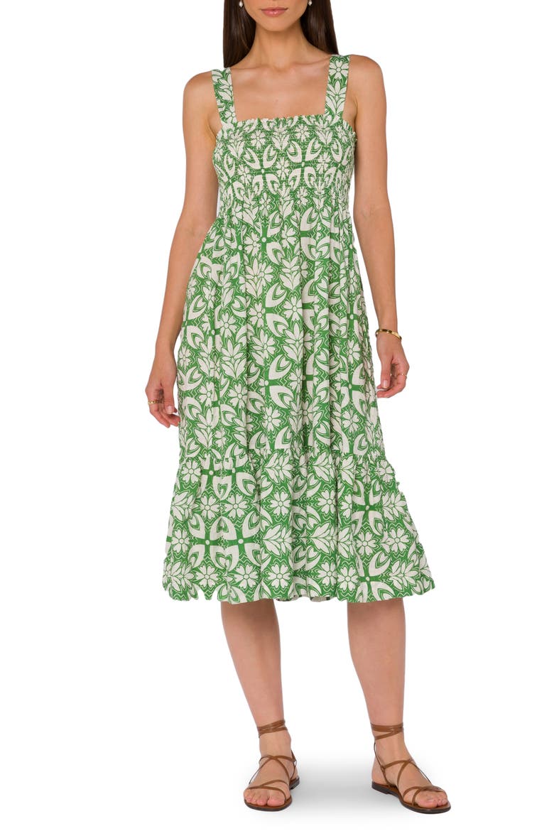 Smocked Empire Waist Midi Dress, Main, color, JUNIPER GREEN GEO