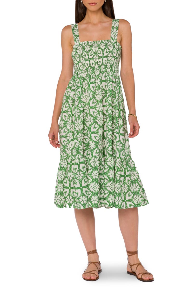 VELVET HEART Smocked Empire Waist Midi Dress, Main, color, Juniper Green Geo