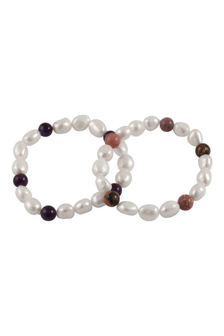 Rhodium Plated Sterling Silver 8-9mm Cultured Freshwater Pearl Bracelet - Set of 2, Main, color, WHITE