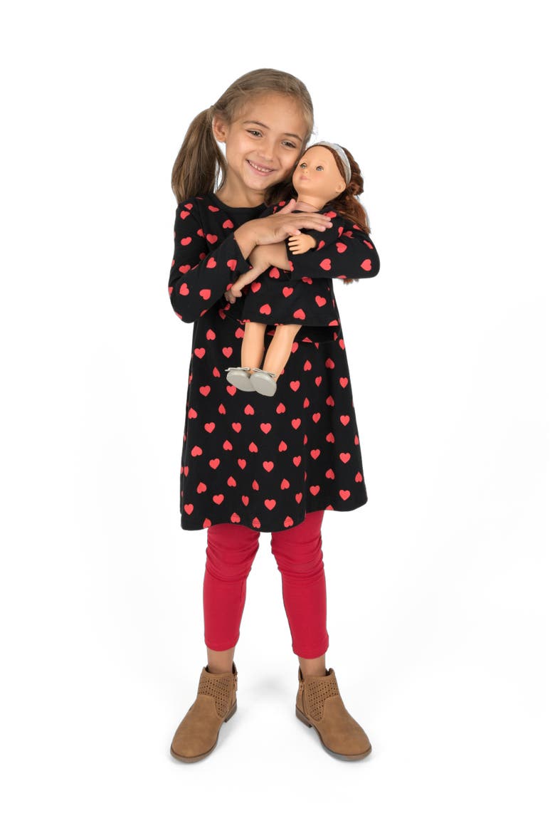 Girls Cotton Dress with Matching Doll Dress, Printed Design, Alternate, color, HEARTS