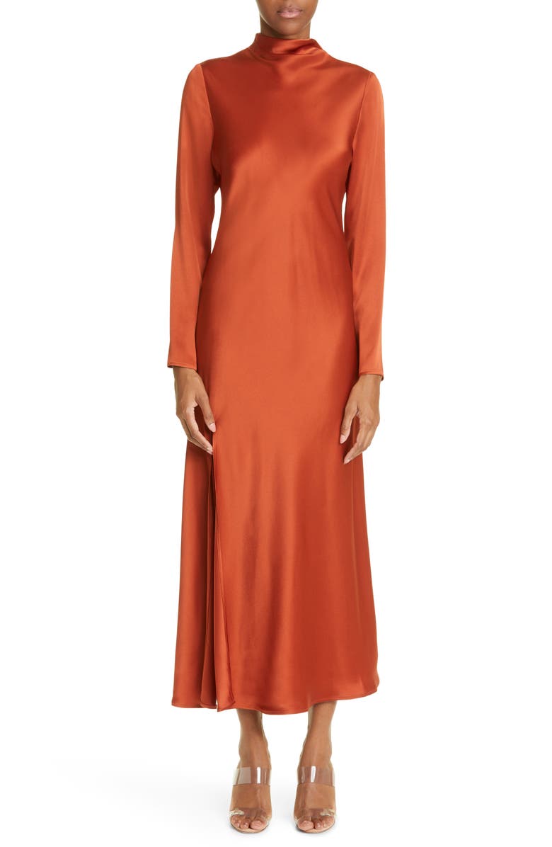 LAPOINTE Funnel Neck Long Sleeve Bias Cut Satin Dress, Main, color, 