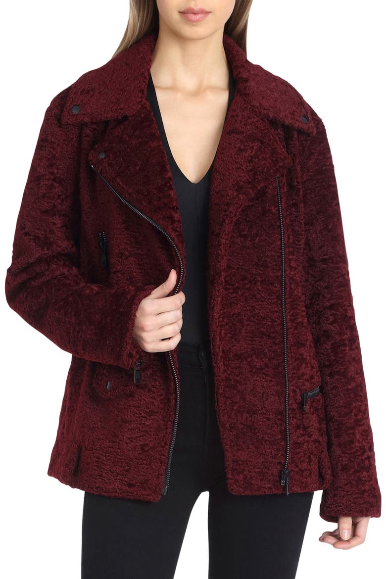 Faux Shearling Biker Jacket, Main, color, BURGUNDY
