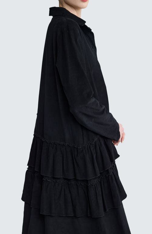 Luukaa Isolde Ruffled Cord Velvet Shirt Dress In Black