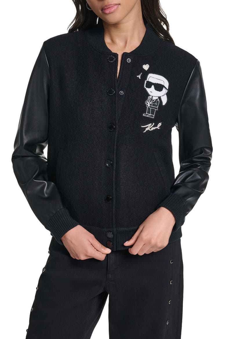 Karl Wool Blend Varsity Jacket with Faux Leather Sleeves, Main, color, BLACK