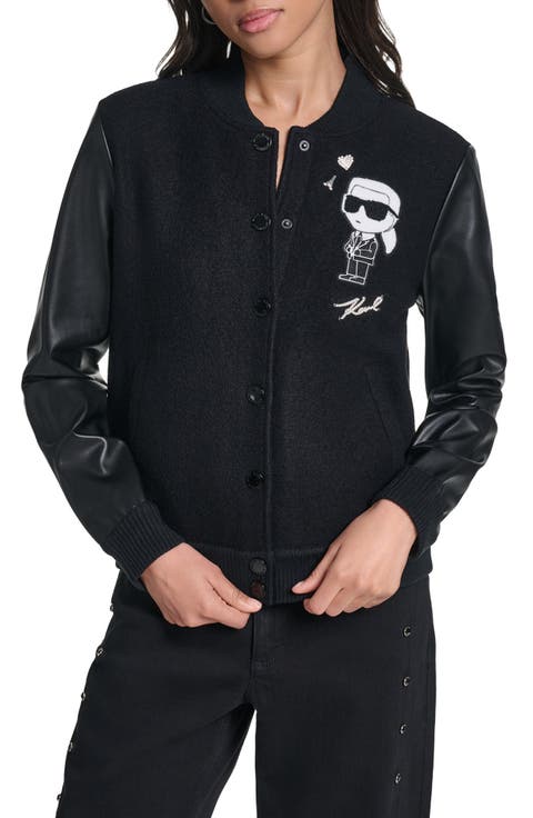 Karl Wool Blend Varsity Jacket with Faux Leather Sleeves