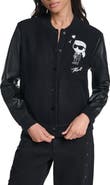 KARL LAGERFELD PARIS Karl Wool Blend Varsity Jacket with Faux Leather Sleeves