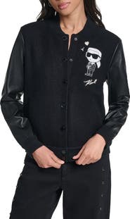 KARL LAGERFELD PARIS Karl Wool Blend Varsity Jacket with Faux Leather Sleeves
