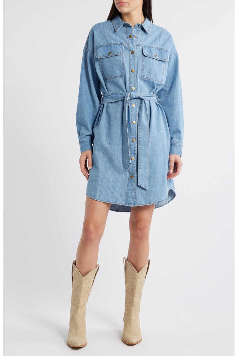 Long Sleeve Denim Belted Shirtdress, Main, color, MEDIUM WASH