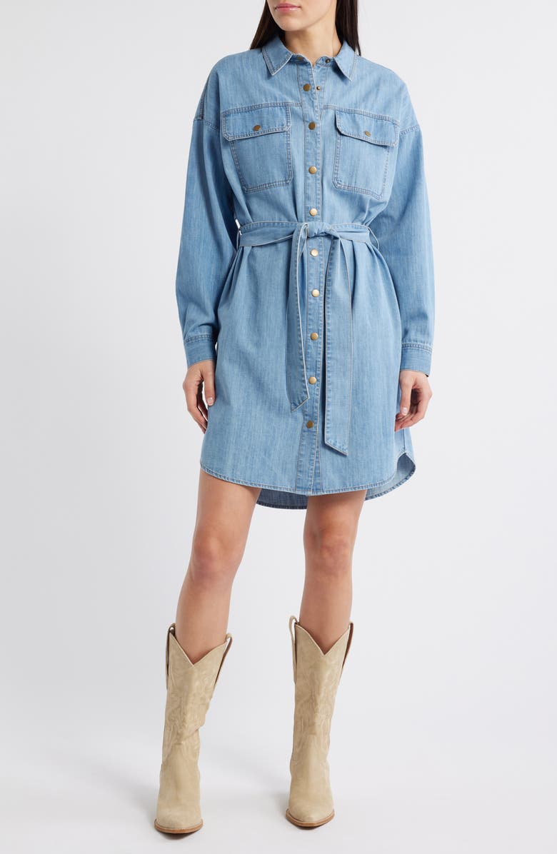 Treasure & Bond Long Sleeve Denim Belted Shirtdress, Main, color,
