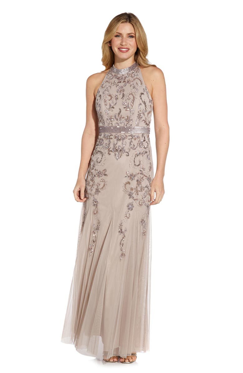 Adrianna Papell Bead Embellished Halter Evening Gown, Alternate, color, 