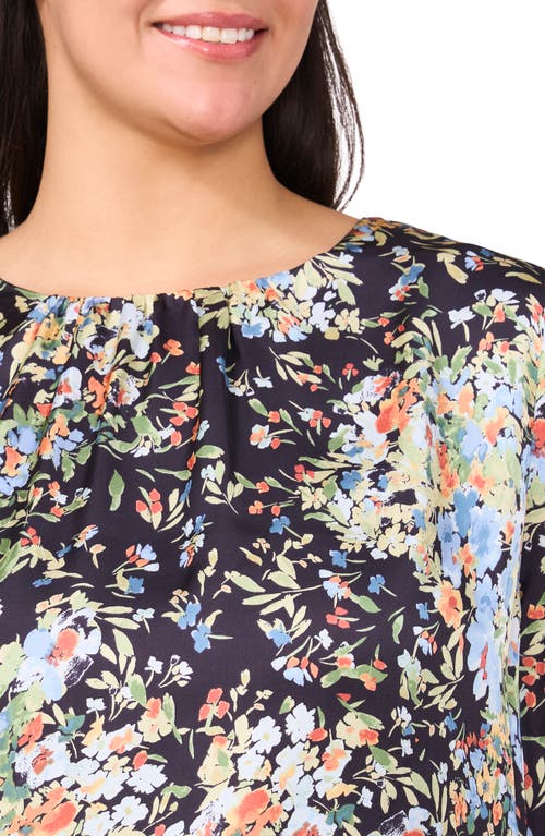 Cece Floral Ruffle Cuff Charmeuse Top In Classic Navy