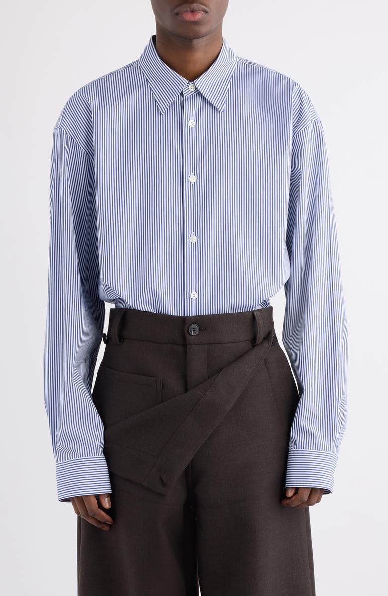 Dries Van Noten Croom Stripe Button-Up Shirt, Main, color, Navy