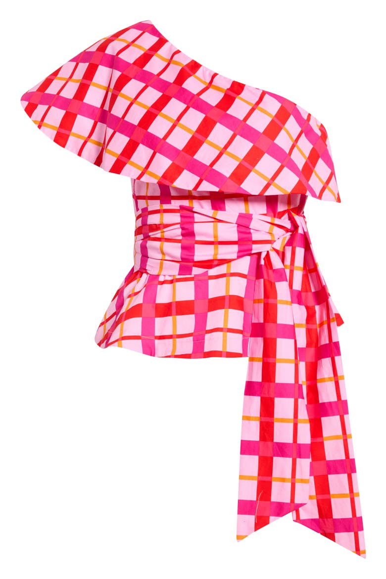 Darvy Plaid One-Shoulder Cotton Top, Alternate, color, PINKS-ORANGE