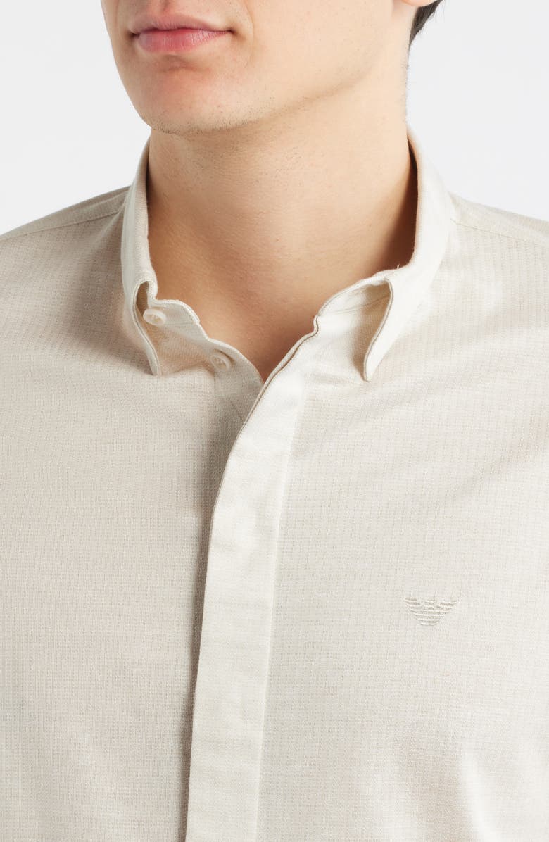 Emporio Armani Textured Stripe Short Sleeve Knit Cotton Button-Up Shirt, Alternate, color, Tan