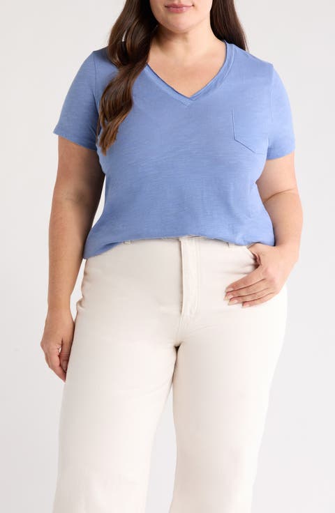 Short Sleeve Cotton & Modal V-Neck Pocket T-Shirt (Plus)