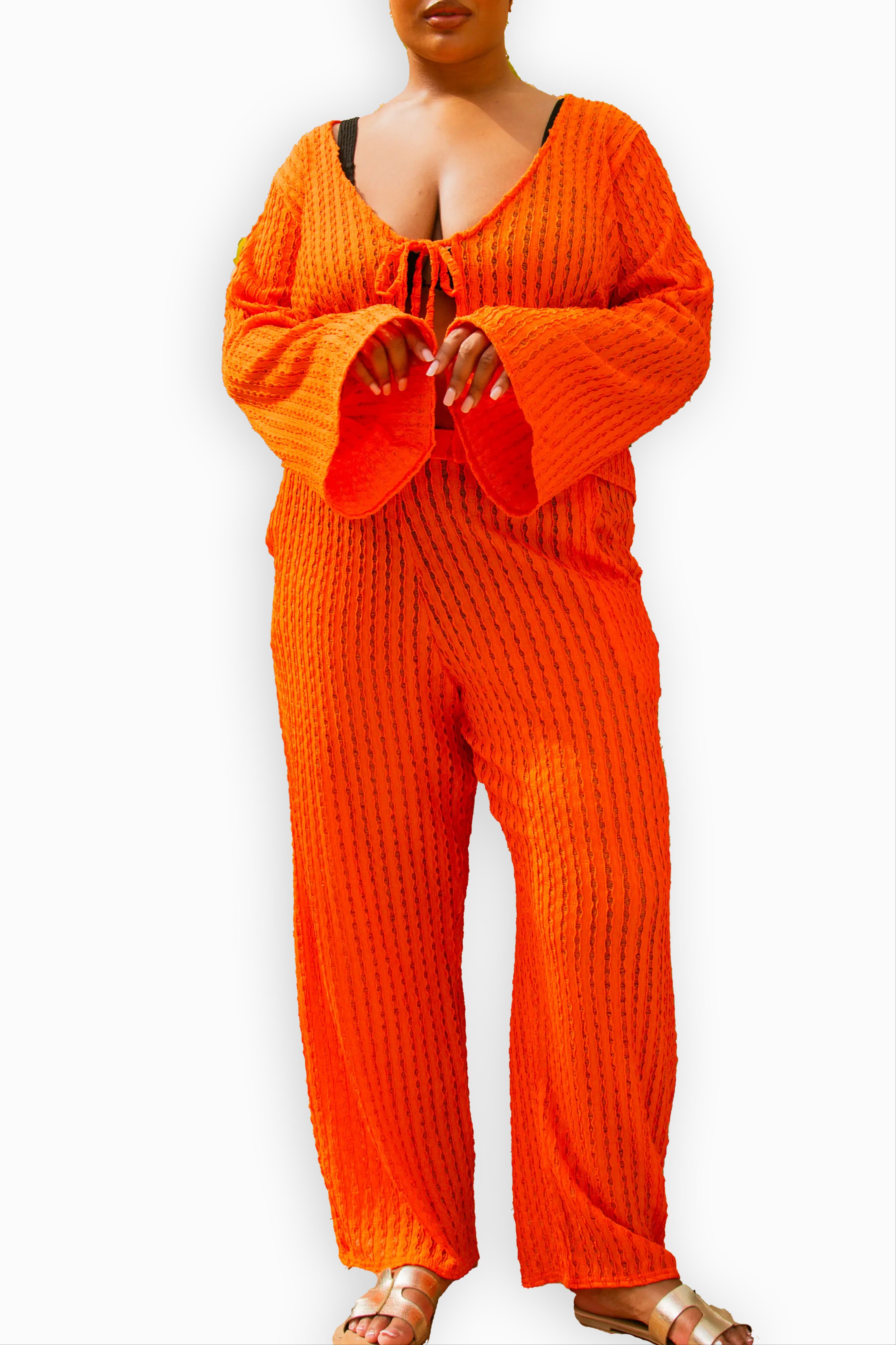 FASHION-SZN CURVE Curve Crochet Tie Front Flare Sleeve Top in Orange 