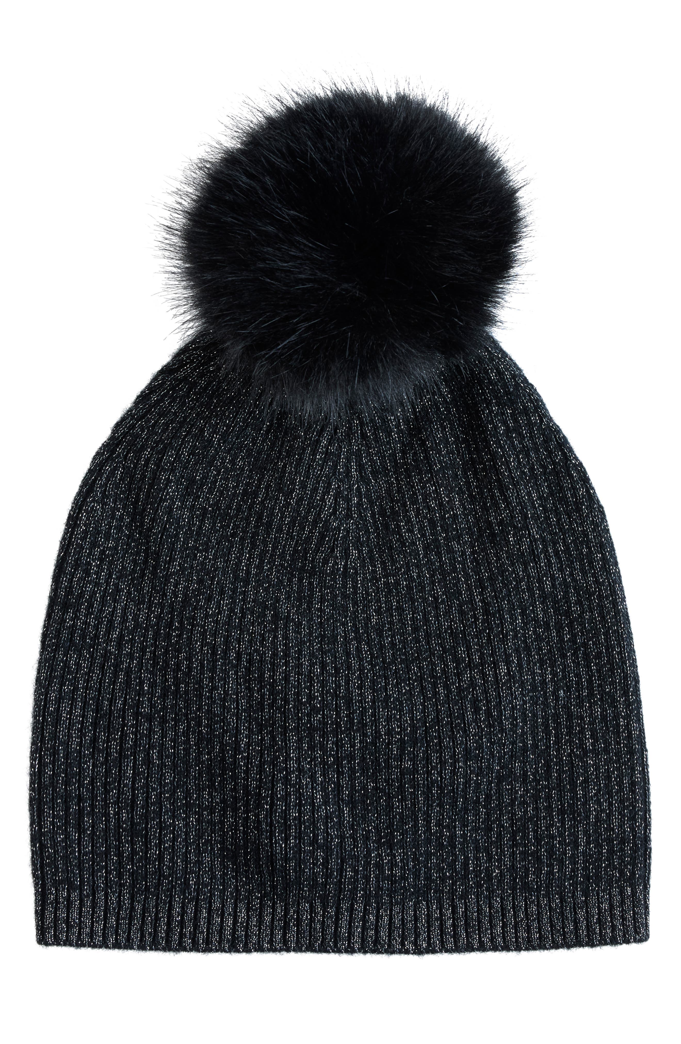 Lurex® Rib Cashmere Beanie with Faux Fur Pom