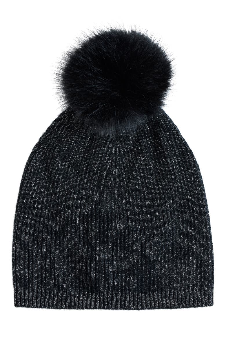 Lurex® Rib Cashmere Beanie with Faux Fur Pom, Main, color, BLACK
