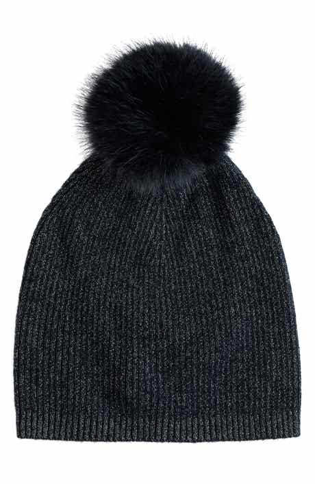 Lurex® Rib Cashmere Beanie with Faux Fur Pom
