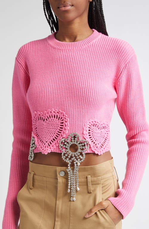 Area Crystal Flower & Crochet Heart Appliqué Crop Rib Sweater In Pink