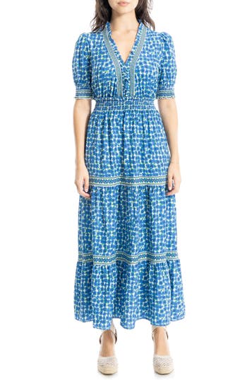 Max Studio Floral Short Sleeve Tiered Maxi Dress In Blue/cream Poppies Field