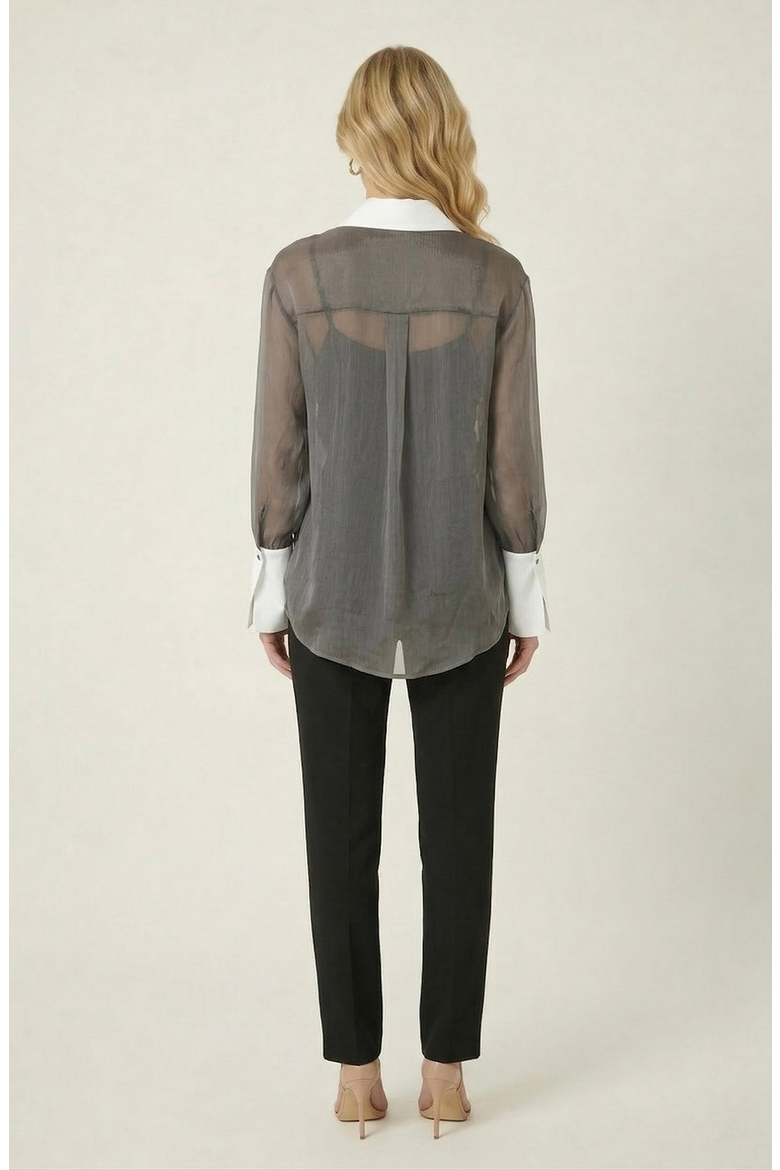 Sheer Button-Up Contrast Collar and Cuff Detail Blouse, Alternate, color, Charcoal Grey