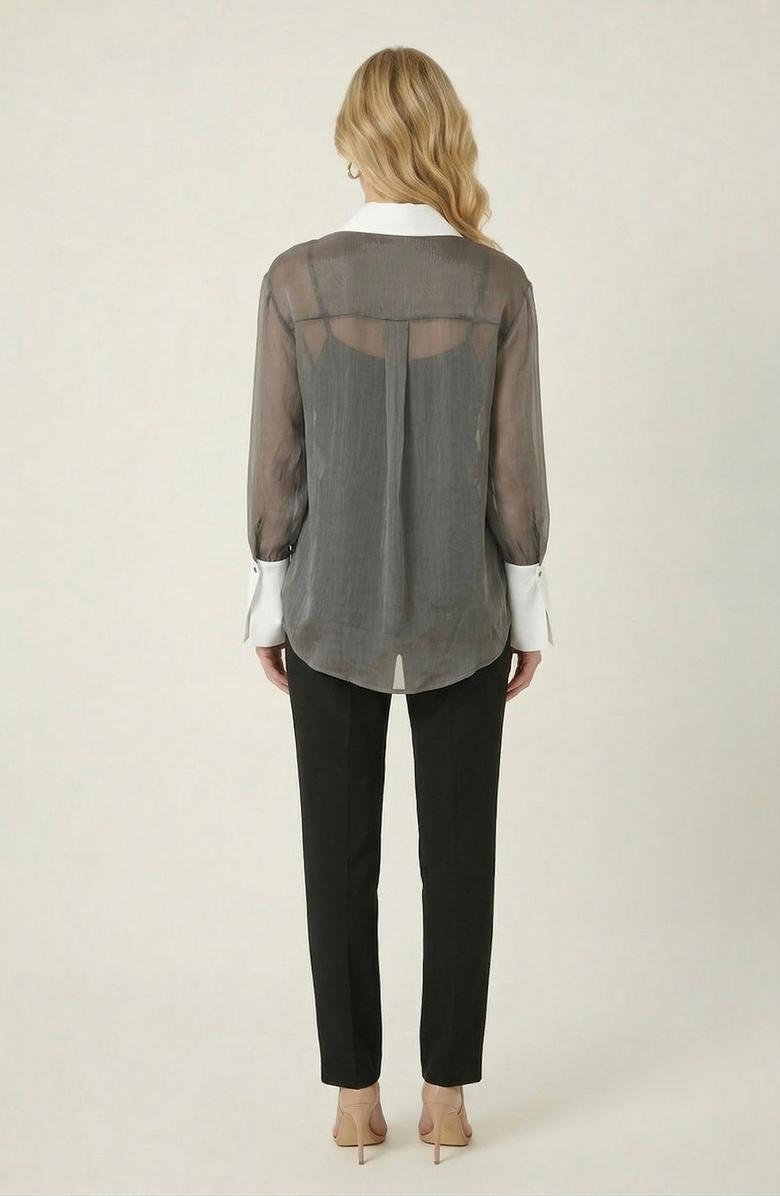Modenaire Sheer Button-Up Contrast Collar and Cuff Detail Blouse, Alternate, color, Charcoal Grey
