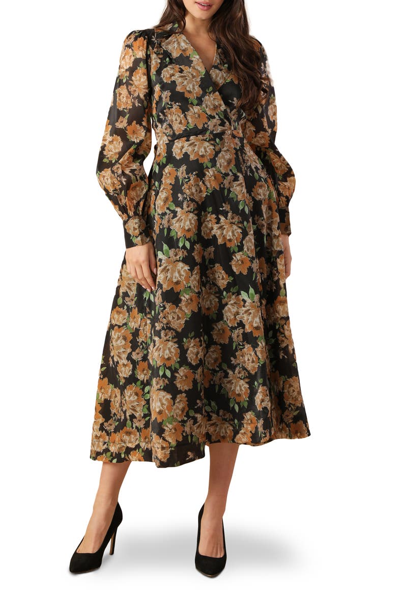 Floral Print Long Sleeve Midi Wrap Dress, Main, color, BLACK