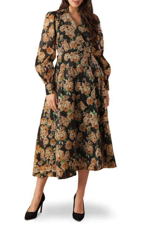Floral Print Long Sleeve Midi Wrap Dress