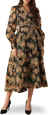 FLYING TOMATO Floral Print Long Sleeve Midi Wrap Dress