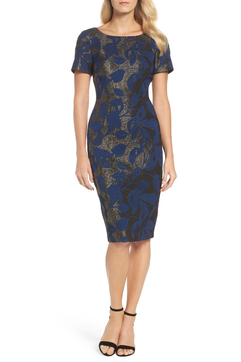 Metallic Jacquard Sheath Dress, Main, color, NAVY