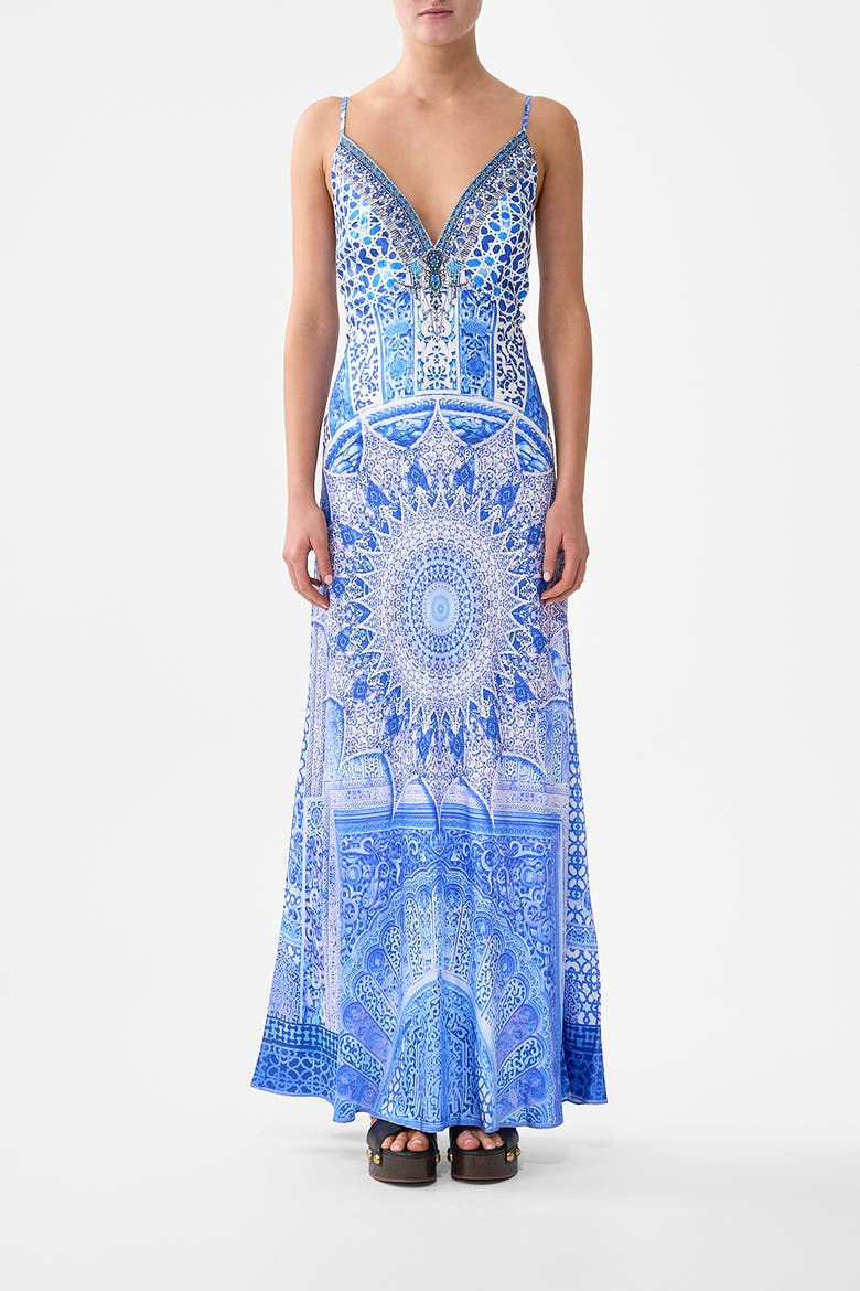 V-Neck Long Bias Slip Dress With Train, Main, color, The Bosphorous