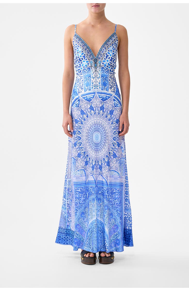 Camilla V-Neck Long Bias Slip Dress With Train, Main, color, The Bosphorous