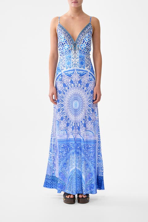 V-Neck Long Bias Slip Dress With Train