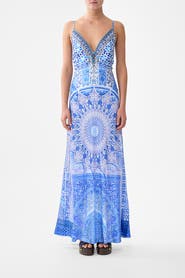 Camilla V-Neck Long Bias Slip Dress With Train