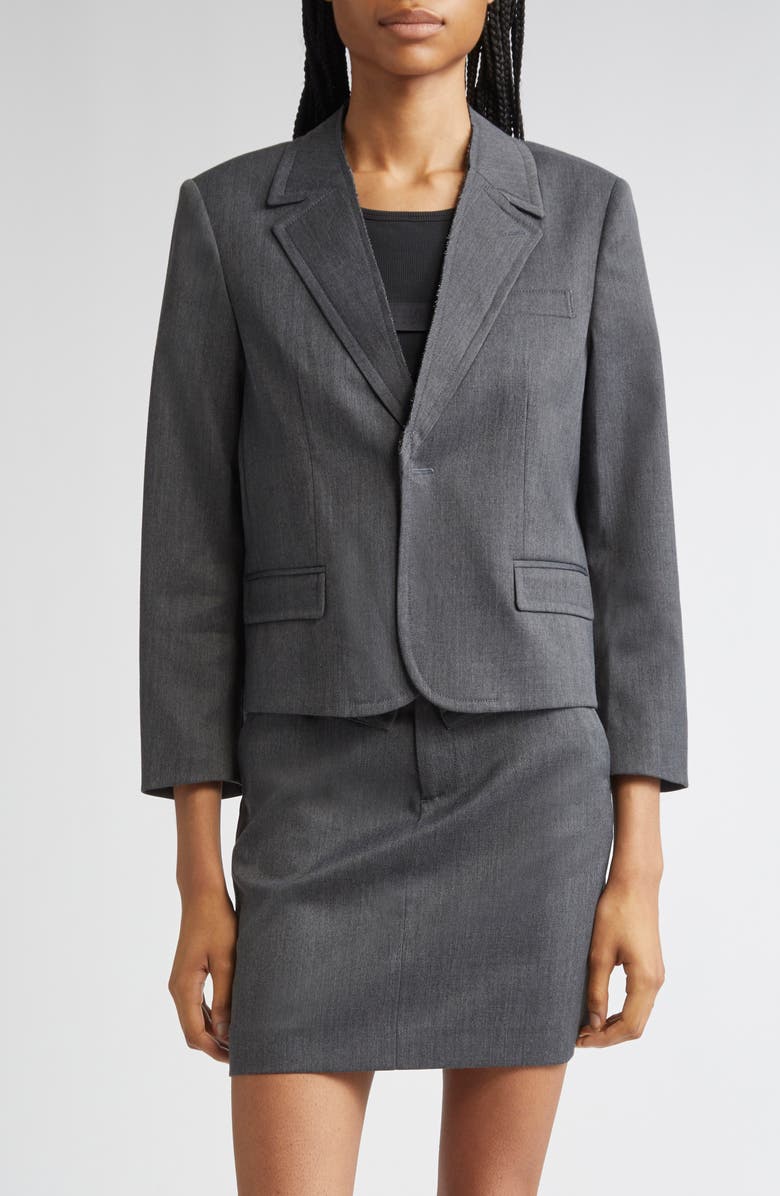 MM6 Maison Margiela Raw Edge Single Breasted Stretch Gabardine Blazer, Main, color, Dark Grey Melange