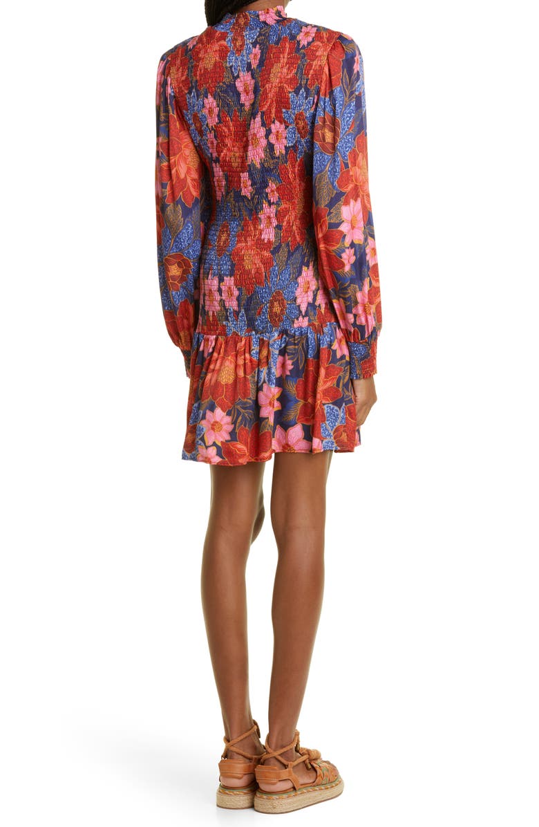 FARM Rio Garden Print Smocked Long Sleeve Minidress, Alternate, color, 