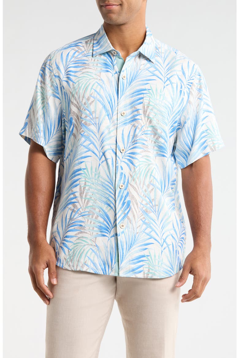 Palm Dancer Leaf Print Short Sleeve Silk Button-Up Shirt, Main, color, BANFF BLUE