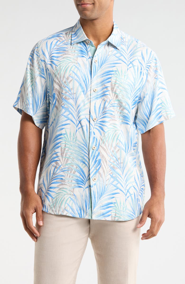 Tommy Bahama Palm Dancer Print Silk Button-Up Shirt, Main, color, Banff Blue