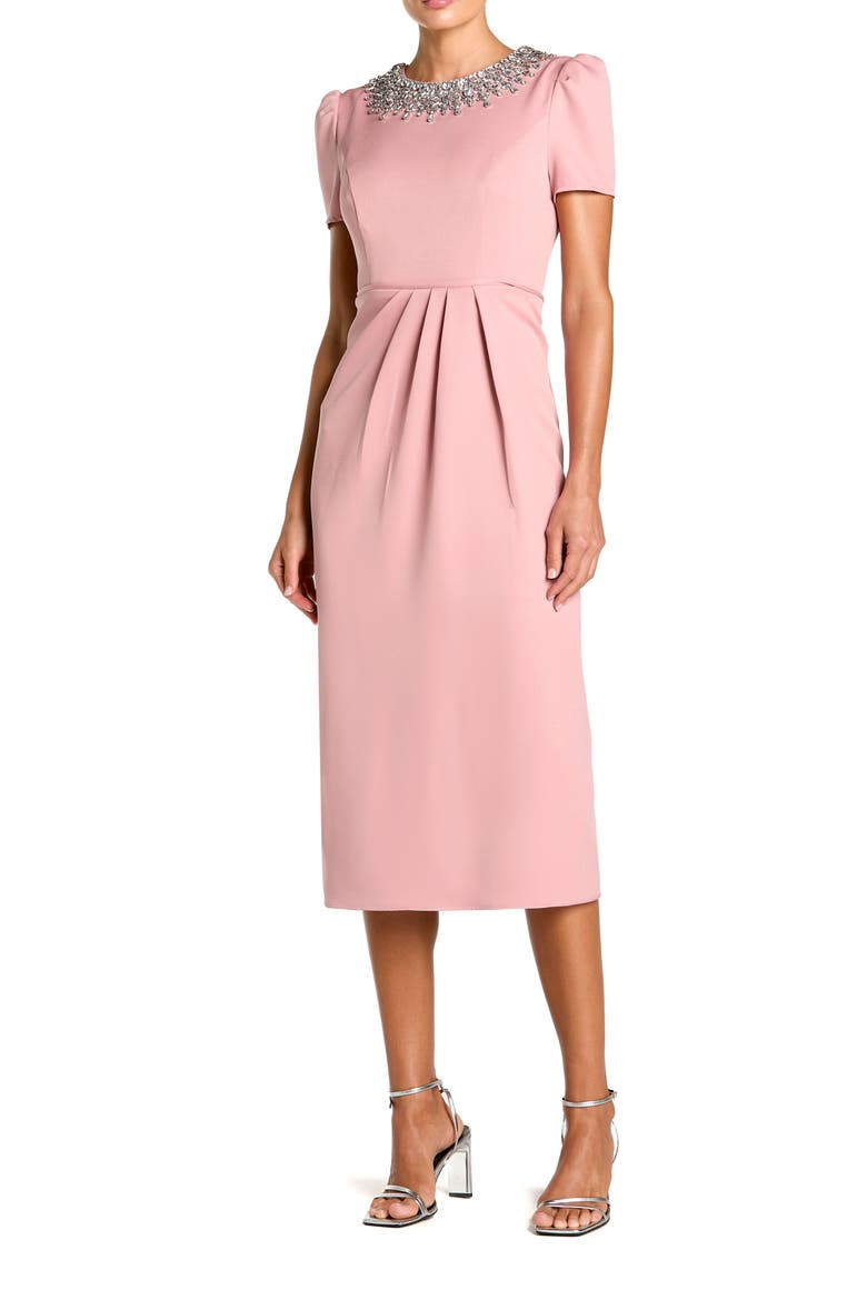 Hand Embellished Rhinestone Neckline Column Dress, Main, color, Rose Pink