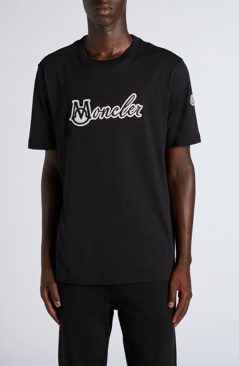 Moncler Logo Embroidered Cotton T-Shirt, Main, color, Black