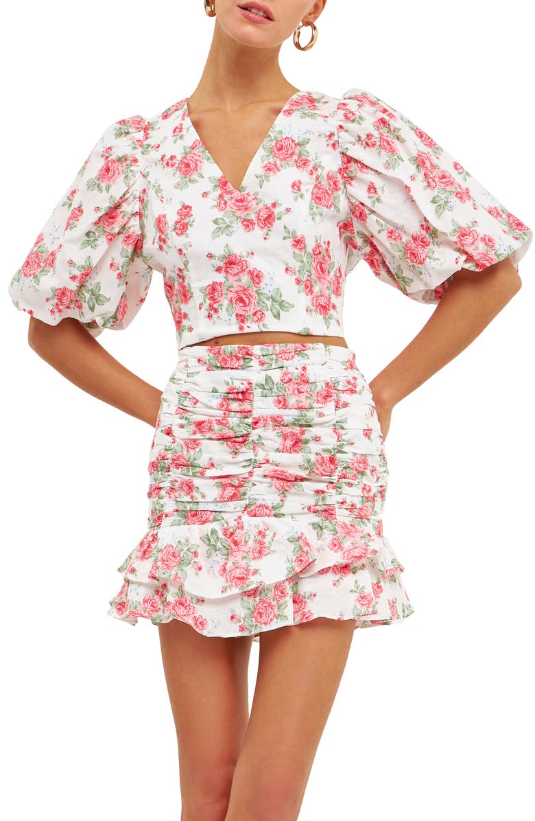 Endless Rose Floral Print Puff Sleeve Linen Blend Crop Top, Main, color, 