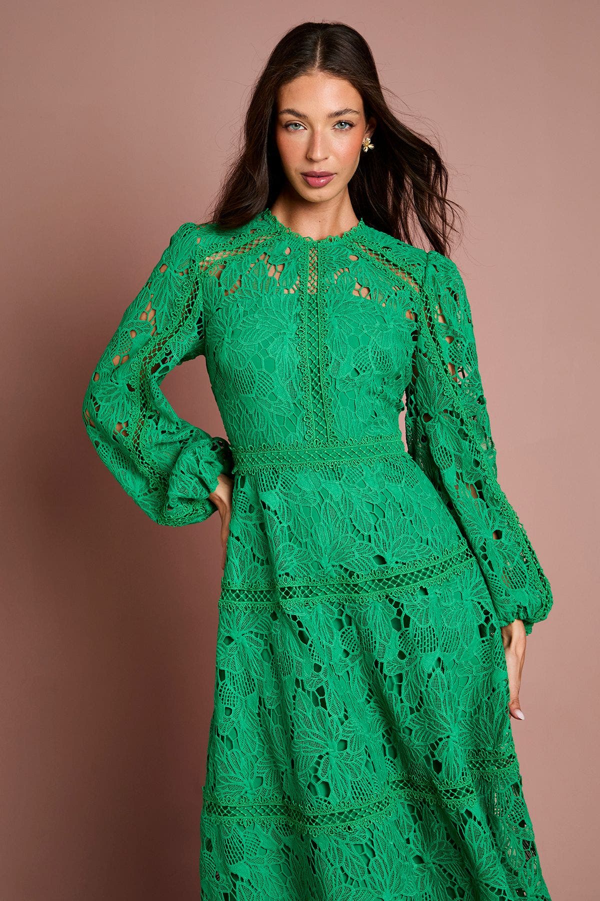 green lace midi dress with sleeves Green Lace Satin Midi Dress