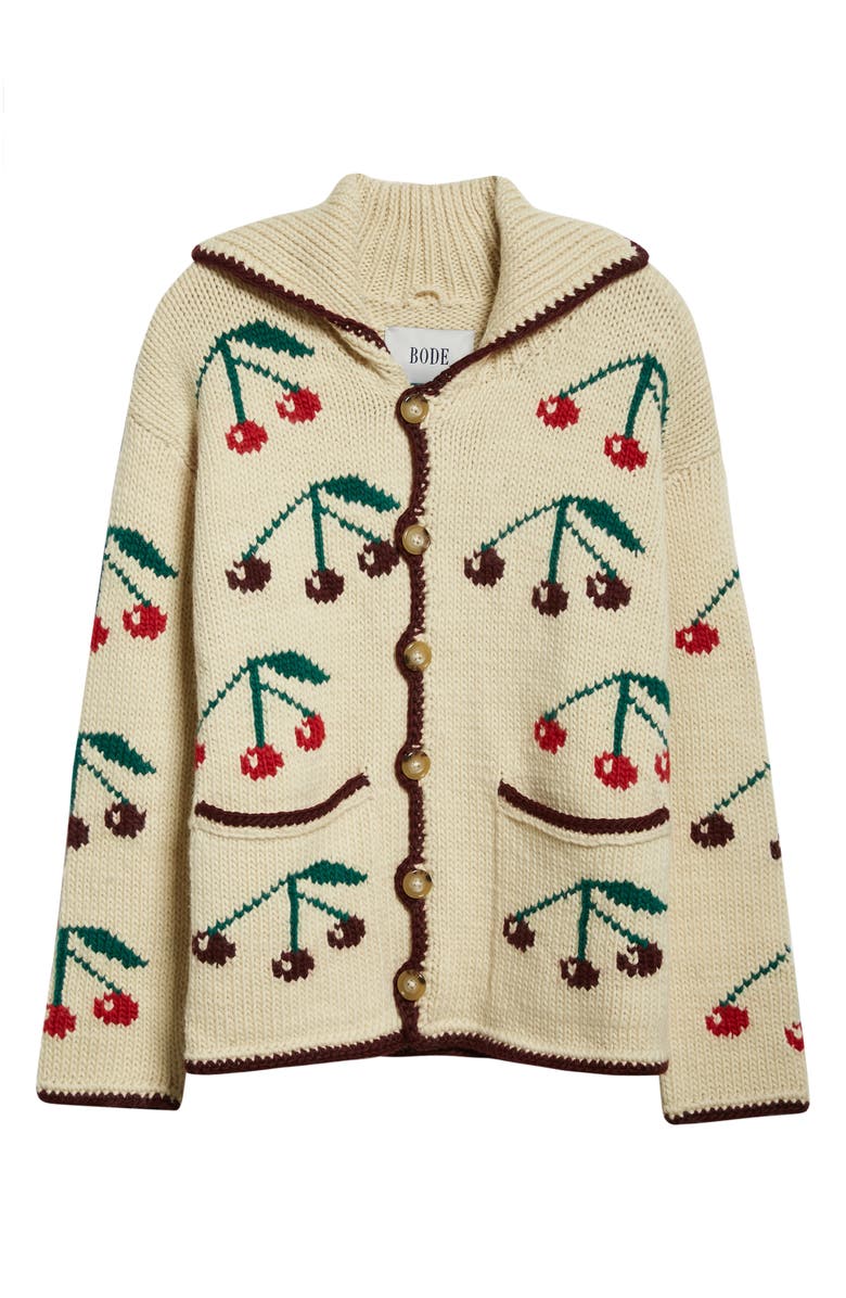 Bode Cherry Intarsia Merino Wool & Mohair Cardigan, Alternate, color, Natural
