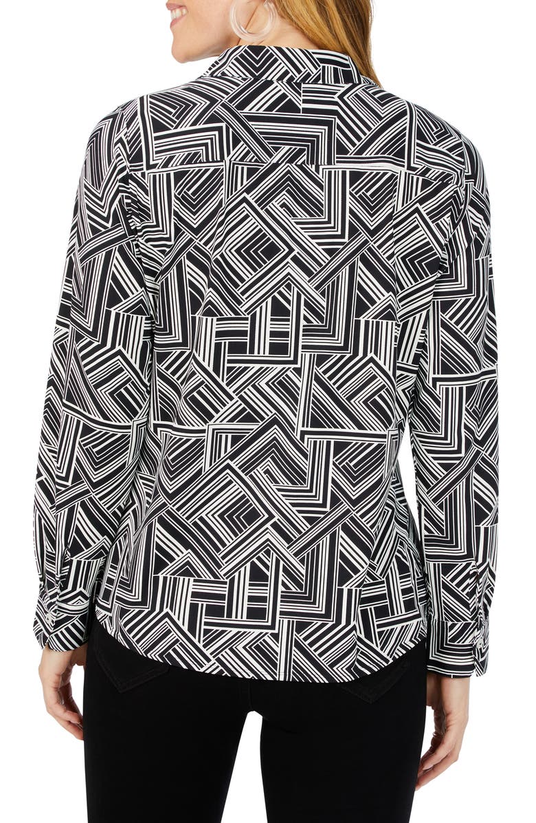 Foxcroft Mary Geometric Print Button-Up Shirt, Alternate, color, Black