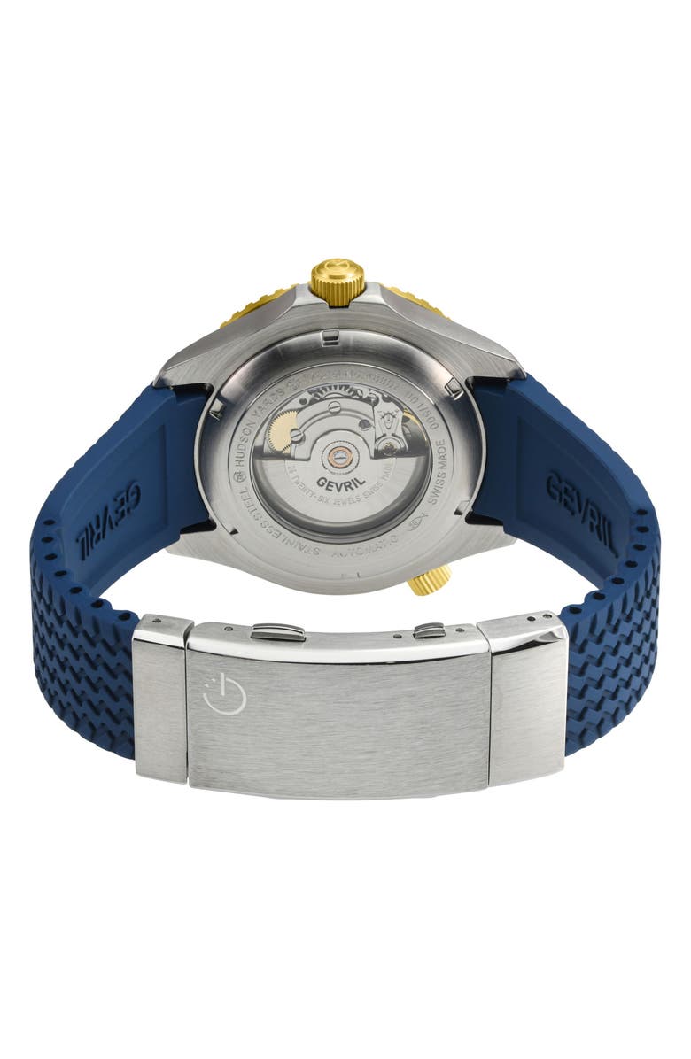 GEVRIL Hudson Yards Automatic Rubber Strap Watch, 43mm, Alternate, color, Blue
