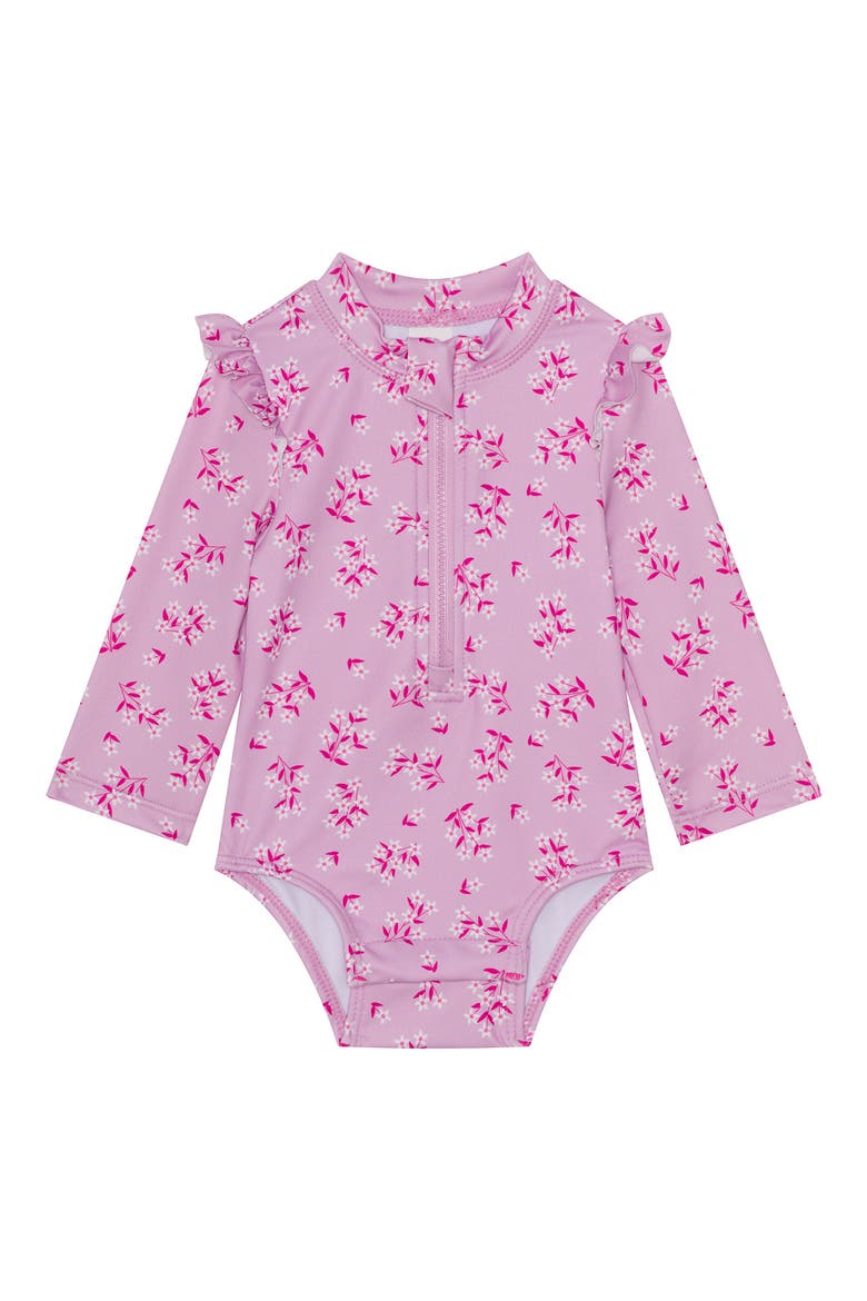 Ruffle Long Sleeve One-Piece Rashguard Swimsuit & Hat Set, Alternate, color, LIGHT PURPLE FLORAL