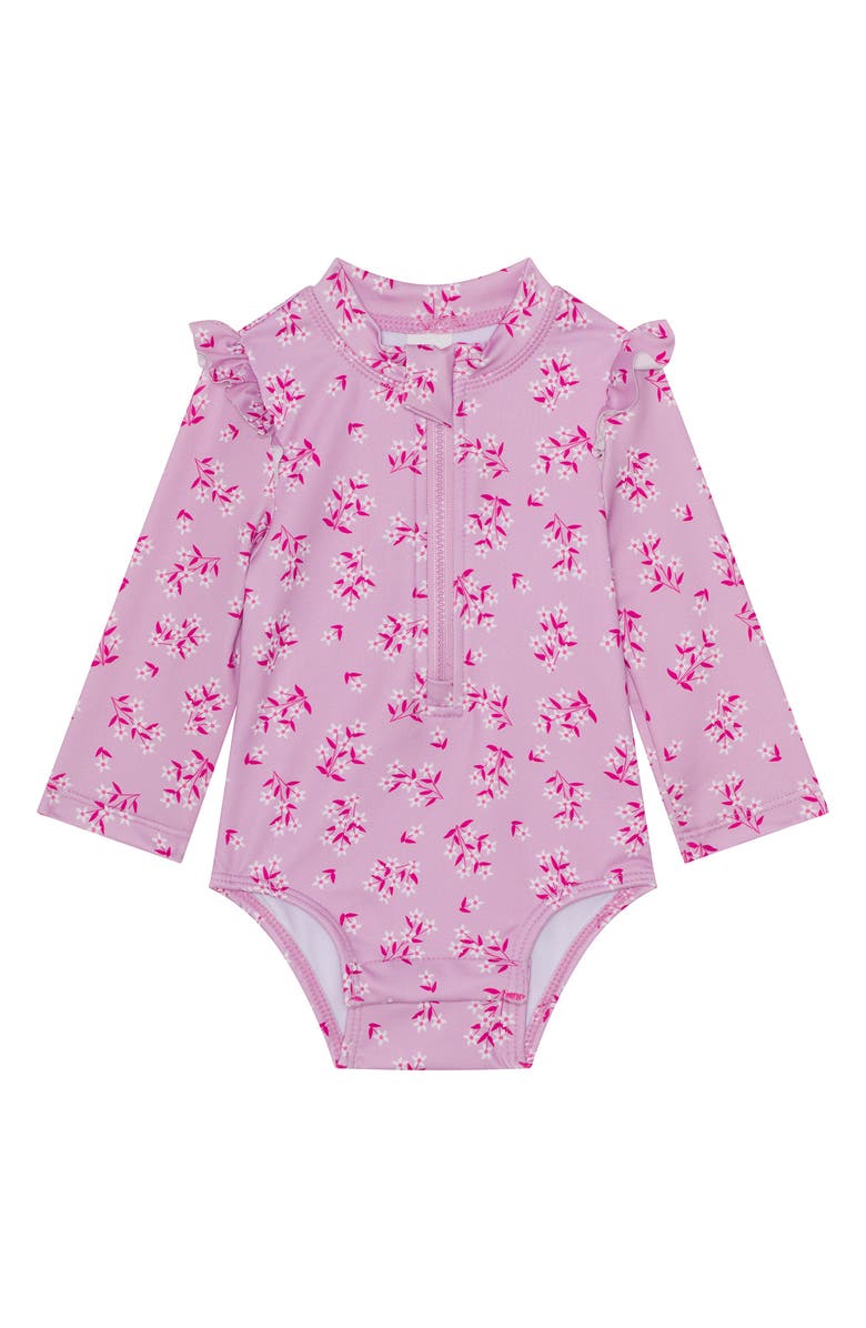 PL Baby by Petit Lem Ruffle Long Sleeve One-Piece Rashguard Swimsuit & Hat Set, Alternate, color, Light Purple Floral