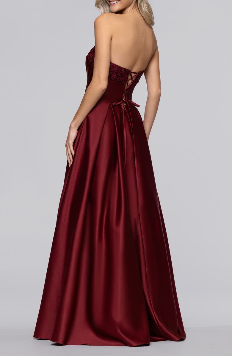 Blondie Nites Lam Corset Strapless Satin Gown, Alternate, color, Wine